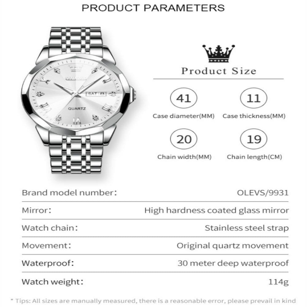 Silver Watch for Men Diamond Luxury Casual Stainless Steel Date Quartz Watch Waterproof Reloj Para Hombre , Gifts for Men, Adult Male Wristwatch