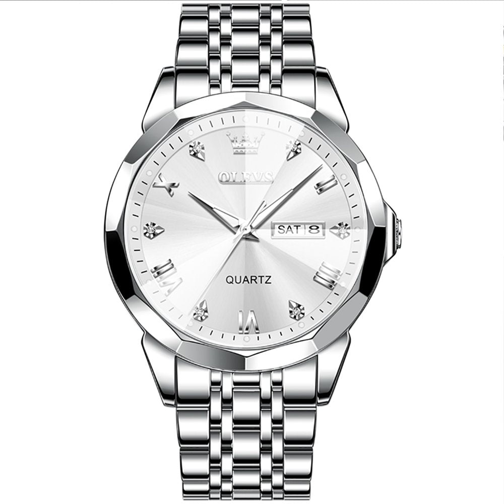 Silver Watch for Men Diamond Luxury Casual Stainless Steel Date Quartz Watch Waterproof Reloj Para Hombre , Gifts for Men, Adult Male Wristwatch