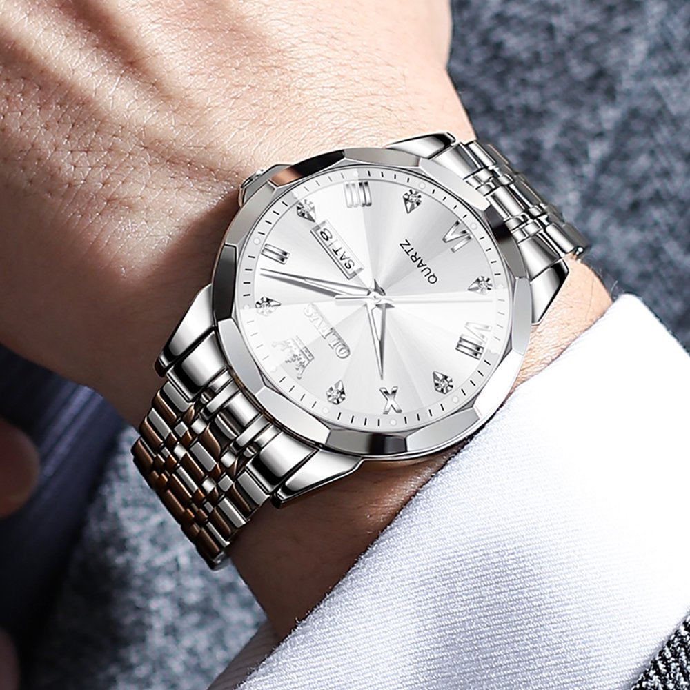 Silver Watch for Men Diamond Luxury Casual Stainless Steel Date Quartz Watch Waterproof Reloj Para Hombre , Gifts for Men, Adult Male Wristwatch