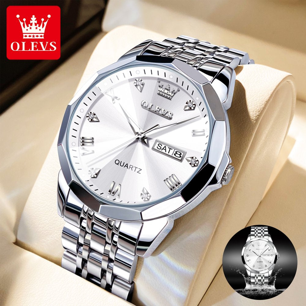 Silver Watch for Men Diamond Luxury Casual Stainless Steel Date Quartz Watch Waterproof Reloj Para Hombre , Gifts for Men, Adult Male Wristwatch