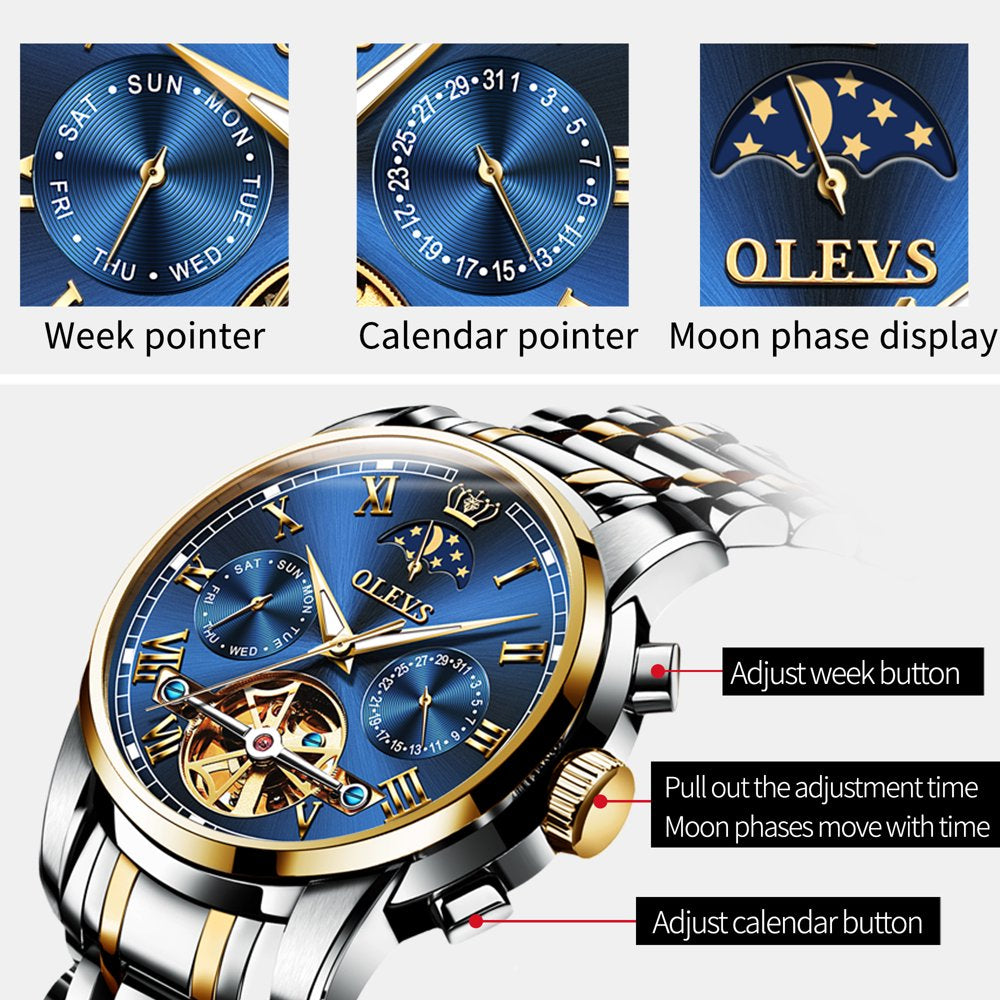 Automatic Watches for Men Skeleton Mechanical Self Winding Luxury Business Dress Watch Moon Phase Day Date Waterproof Watch Reloj Para Hombre, Gifts for Men, Male Watch 6617