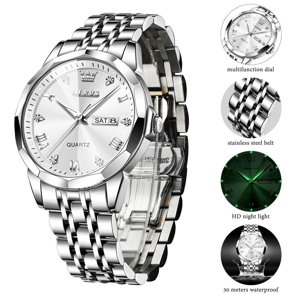 Silver Watch for Men Diamond Luxury Casual Stainless Steel Date Quartz Watch Waterproof Reloj Para Hombre , Gifts for Men, Adult Male Wristwatch